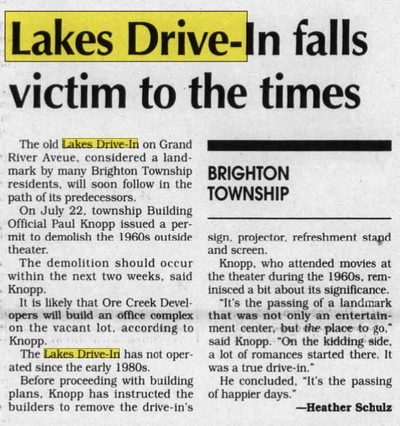 Lakes Drive-In Theatre - Jul 26 1998 Article (newer photo)